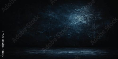 A dark night sky over a deep blue background with shimmering particles amidst stormy clouds and bright lightning textures