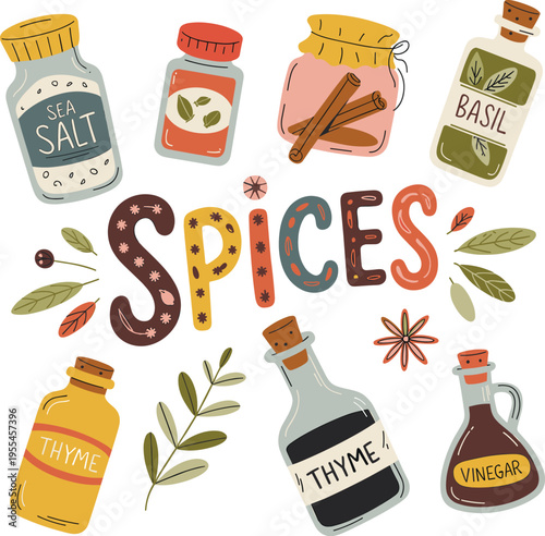 Hand drawn spices illustration set with bottles herbs salt basil cinnamon vinegar thyme decorative kitchen seasoning vector collection colorful organic