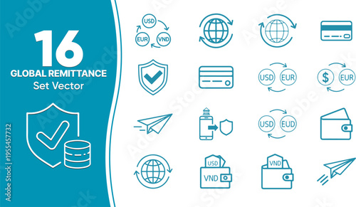 16 Global Remittance and Money Exchange Icon Set: International Currency Transfer, Digital Wallet Security, and Global Banking Symbols