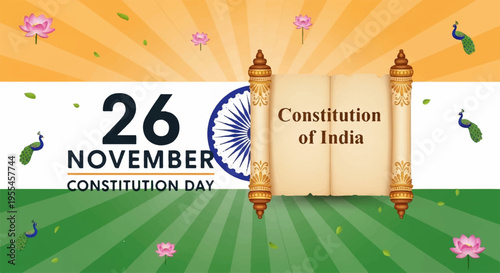 Constitution day india 26 november indian constitution illustration with spinning wheel and pillars