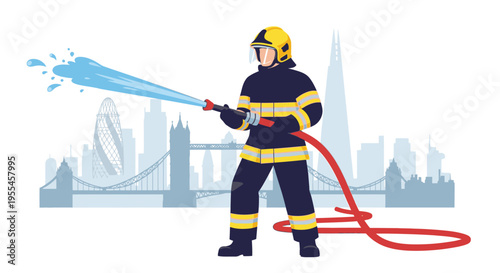 Illustration of a firefighter in full gear spraying water from a hose with a city skyline in the background.