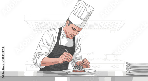 Focused chef in white hat and black apron garnishing a dish on a plate with precision at a kitchen counter.