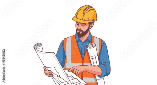 A construction worker in an orange vest and yellow hard hat reviews blueprints on a white background.