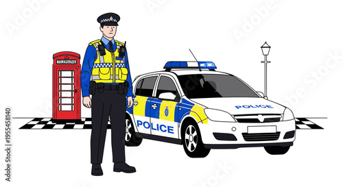 Illustration of a police officer standing beside a police car and a red telephone booth on a checkered road with a street lamp in the background.