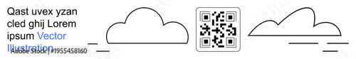 Cloud computing, digital connectivity, QR codes, minimalism, data access, technology integration. Two cloud shapes, a QR code and text design. Cloud computing and digital connectivity