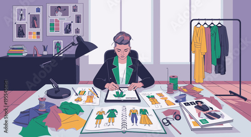 Fashion designer working on sketches at a desk with fabric swatches and clothing designs in a creative studio with a modern aesthetic.