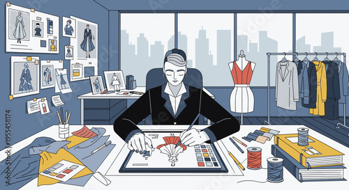 Fashion designer working on sketches at a desk in a modern office with city view and various fabrics.