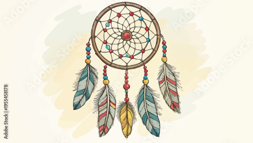 A colorful dreamcatcher with feathers and beads hangs against a soft, watercolor background.