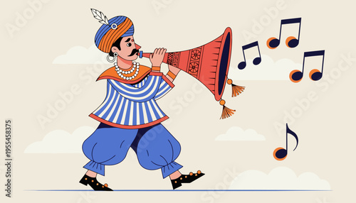 A colorful cartoon man in traditional Indian attire blowing a horn with musical notes floating around him