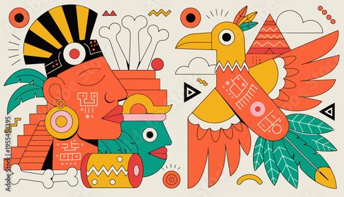 A vibrant illustration of a mythical creature and a bird in a colorful, abstract environment.