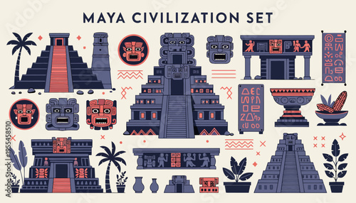 A vibrant collection of Maya civilization icons and architecture in a stylized illustration