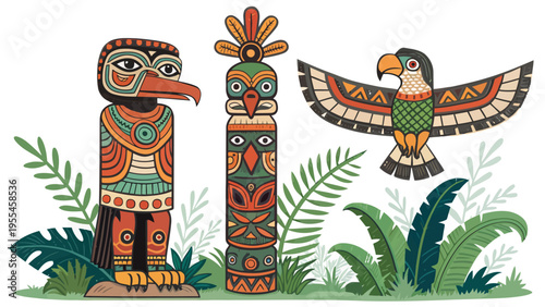 A vibrant illustration of totem poles and a bird in a lush jungle setting with colorful foliage and decorative carvings.