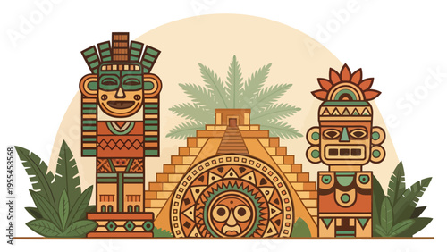 A vibrant illustration of two colorful totem poles standing guard beside an ancient Mayan temple with intricate designs and patterns.