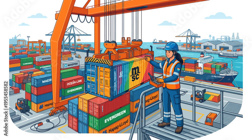 Woman worker operating crane in busy shipping port.