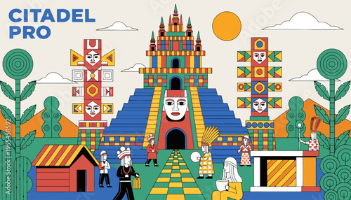 A vibrant illustration of a colorful pyramid surrounded by people and plants in a lively scene