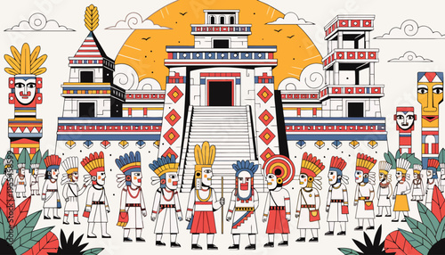 A vibrant illustration of a traditional Mayan ceremony with people in colorful headdresses and ornate buildings
