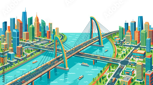 Modern Cityscape with Bridges and Skyscrapers Over Water.