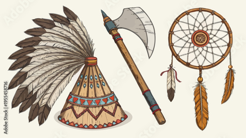 A colorful illustration of Native American cultural symbols including a headdress, tomahawk, and dreamcatcher.