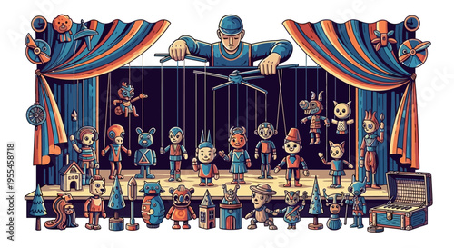 Colorful Puppet Show Stage with Many Characters.