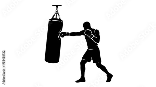 Silhouette of a man punching a heavy boxing bag, illustrating a powerful workout, fitness, and combat sports training in a bold vector graphic.