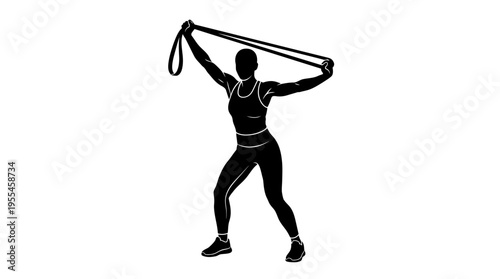 Silhouette of a woman performing resistance band exercises, demonstrating strength training and fitness in a modern, minimalist style.