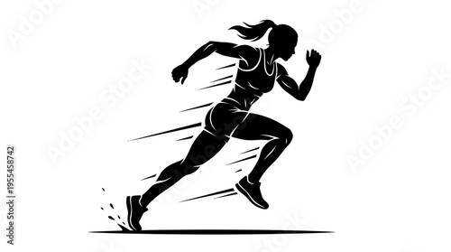 Dynamic silhouette of a female athlete sprinting with speed lines, representing speed, fitness, and athletic competition in a clean vector graphic.