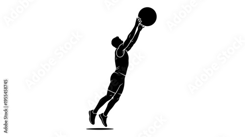 Silhouette of a man jumping to catch a ball, representing basketball, sports, and athletic achievement in a dynamic, modern vector illustration.
