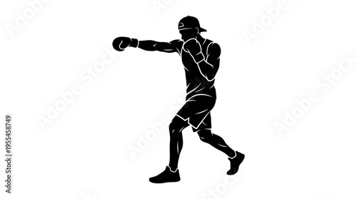 Silhouette of a man shadow boxing with a cap, showcasing a dynamic workout, fitness, and combat sports training in a striking vector illustration.