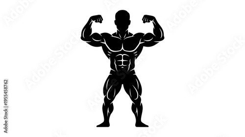 Black silhouette of a muscular bodybuilder flexing muscles in a powerful pose, showcasing strength, physique, and athletic achievement.