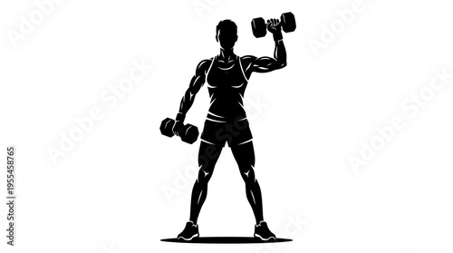 Silhouette of a strong man holding dumbbells, one raised, in a dynamic pose representing weightlifting and physical strength.