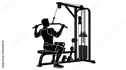 Silhouette of a man performing lat pulldown exercise on a gym machine, demonstrating upper body strength training and fitness.