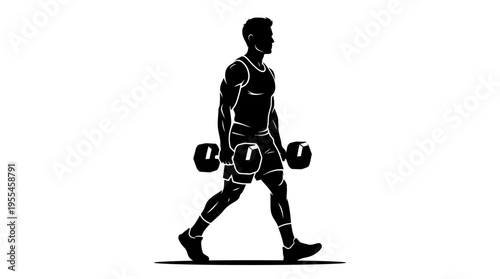 Silhouette of a fit man performing a farmer's walk exercise, carrying heavy dumbbells to build grip strength and core stability.
