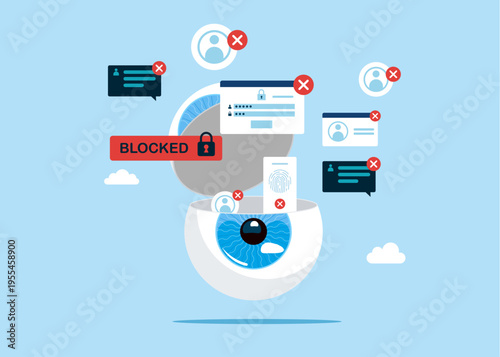 Open globe of the eye with blocked ID card. Hacker Cyber Attack, Censorship. Modern vector illustration in flat style.