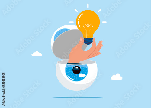 Open globe of the eyeball. Pointing excellent idea electric lamps bulbs. Flat vector illustration