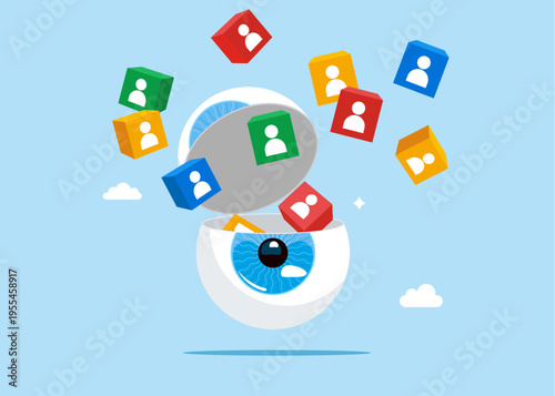 Open globe of the eye to see employee or customer recruitment. The recruiter selects the team. Vector flat illustration