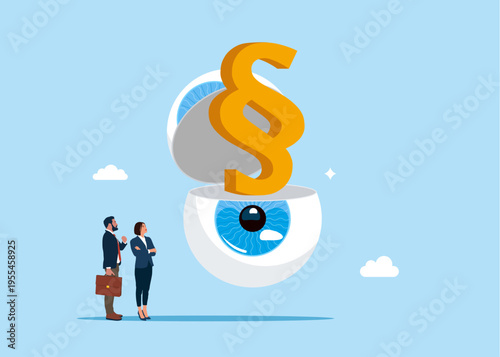 Open globe of the eye to see symbol of paragraph. Protecting workers' rights when dismissed from work. Flat vector illustration