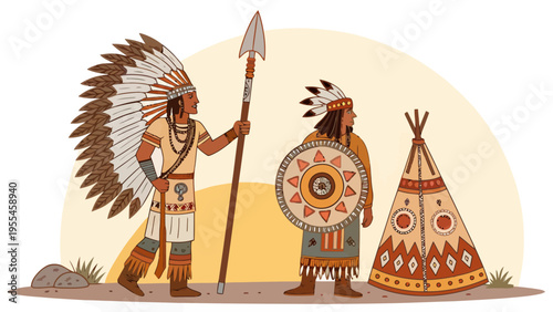 An illustration of two Native American warriors standing in front of a teepee at sunset