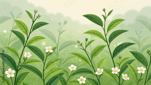 A serene and peaceful illustration of lush greenery with white flowers in a natural setting