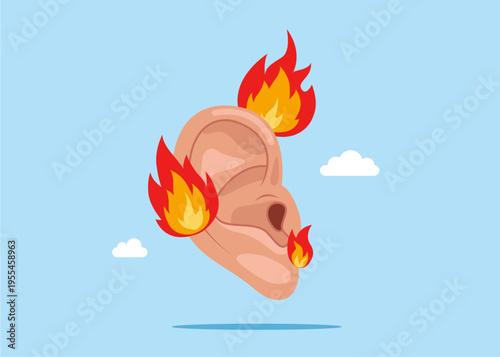 Human ear in fire. Nervous breakdown, overexertion, stress. Modern flat vector illustration.