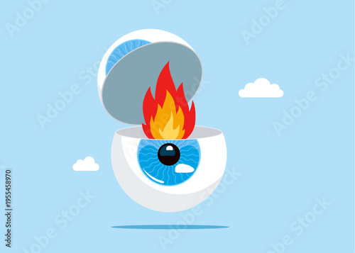 Human eye in fire. Nervous breakdown, overexertion, stress. Modern flat vector illustration.