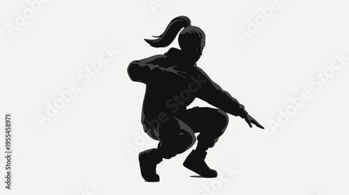 Dynamic silhouette of a female dancer in a low squatting pose, performing hip-hop or street dance moves with energy and fluidity.