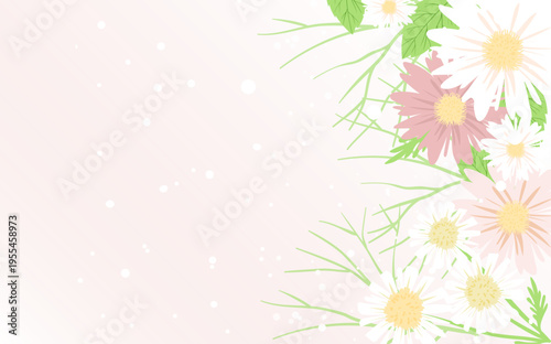 パステルカラーのデイジーと小花が彩るやさしい雰囲気のフラワー背景素材・春夏の広告や女性向けデザインに使いやすい余白構成
