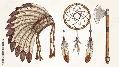 A traditional Native American headdress, dreamcatcher, and axe on a plain background
