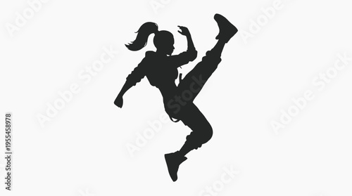 Energetic silhouette of a female dancer mid-air, executing a high kick during a dynamic hip-hop or street dance performance.