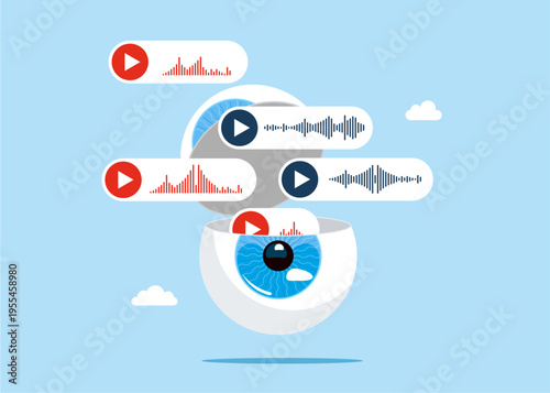 Open globe of the eye to see voice messages and sound waves. Modern vector illustration in flat style.