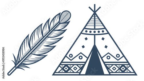 A stylized illustration of a teepee and feather in a simple, graphic design