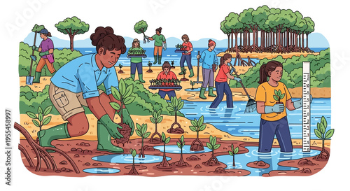 People planting mangrove saplings in a wetland environment.