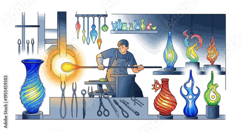 Glassblower crafting intricate art with molten glass.