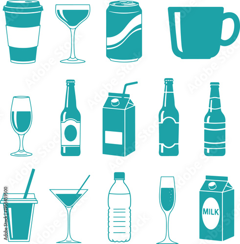 Beverage container icons set including coffee cups soda cans milk cartons water bottles and diverse glassware for drinking