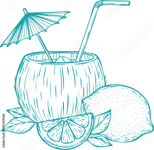 Coconut cocktail sketch with an umbrella, straw, and citrus fruits lemon and lime on the side